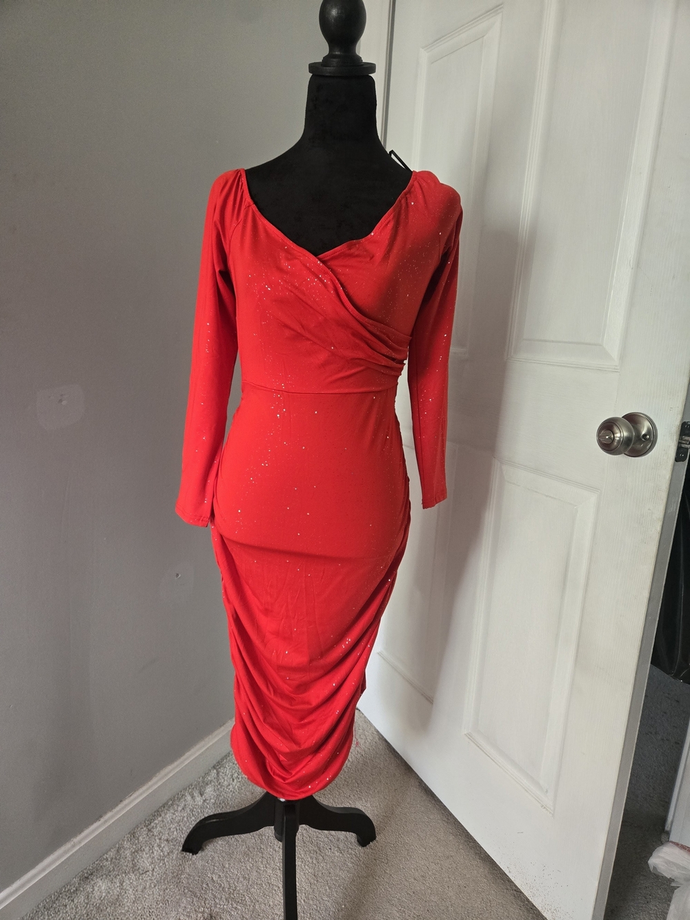 Red Long-Sleeve Ruched Midi Dress with Subtle Sparkle
